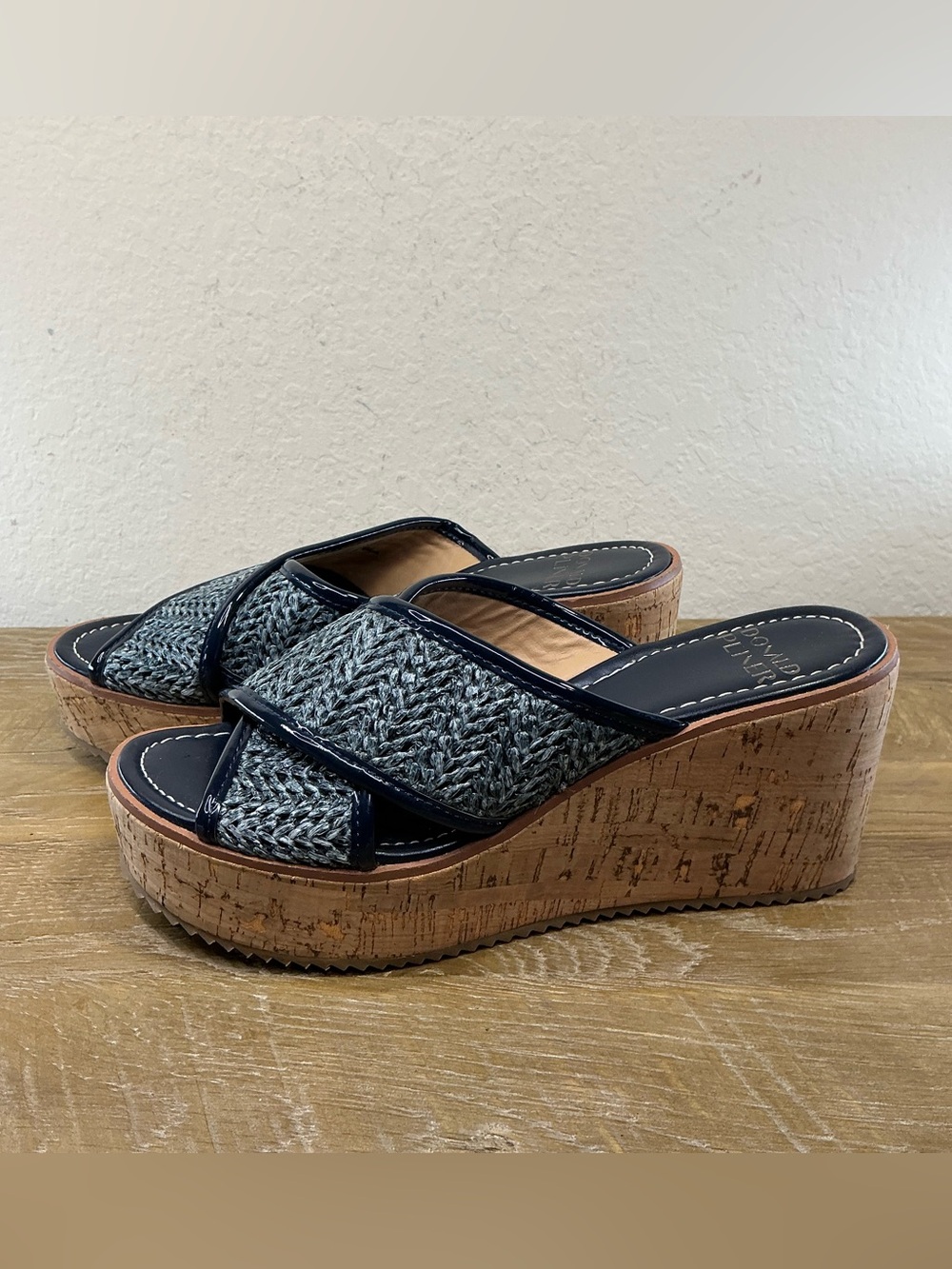 Donald Pliner Ilonar Crisscross Cork Wedge Platform Sandal in Navy Blue Size 7.5